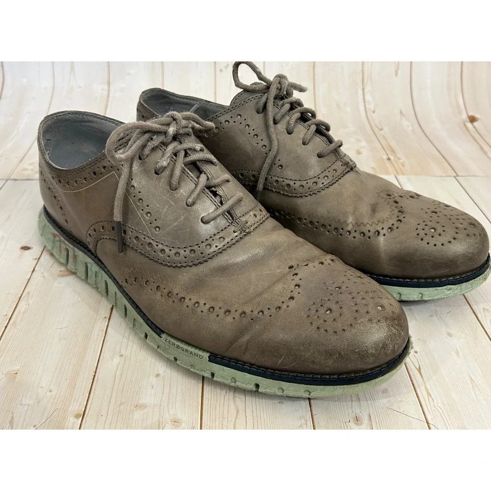 Cole Haan ZeroGrand Shoes Mens‎ 9.5M Toupe Leather Wingtip Brogue Oxford Sneaker